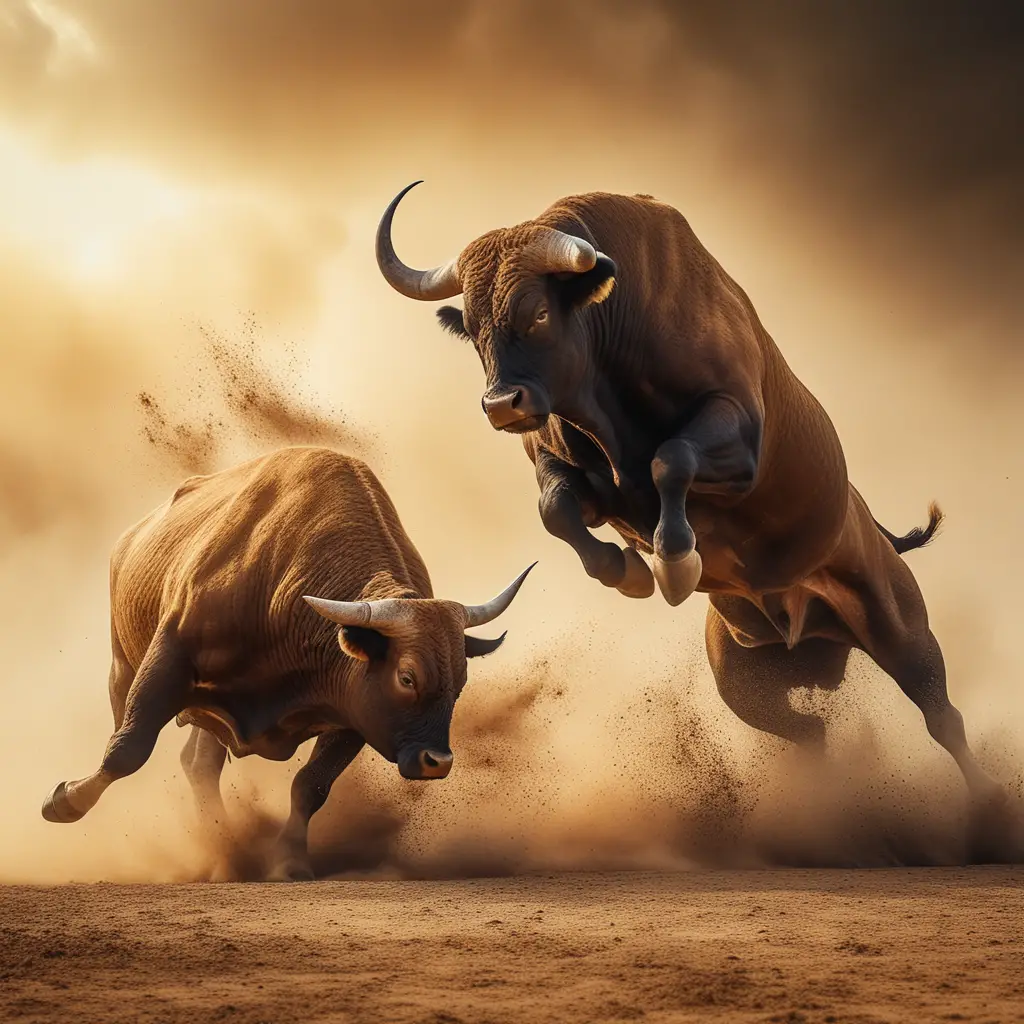 Two powerful bulls clash in a dramatic dusty battle scene