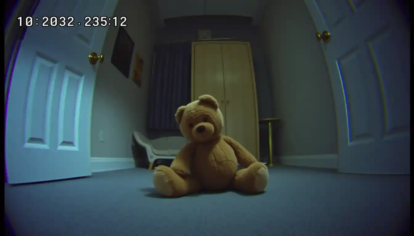 Vue CCTV d’une chambre d’enfant avec un ours en peluche qui se tourne
