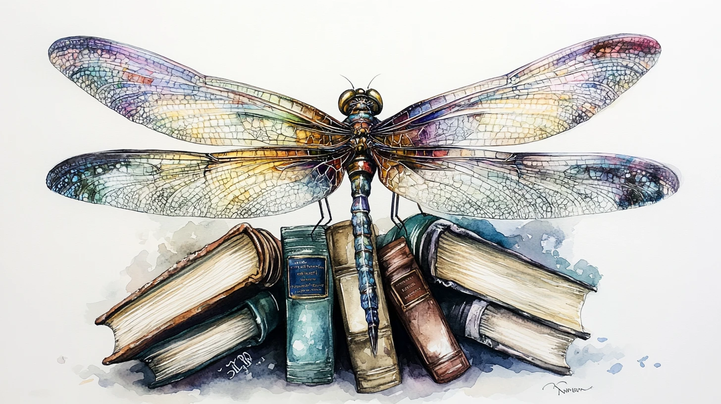 Libellule en aquarelle reposant sur des livres, aux ailes sombres ornées