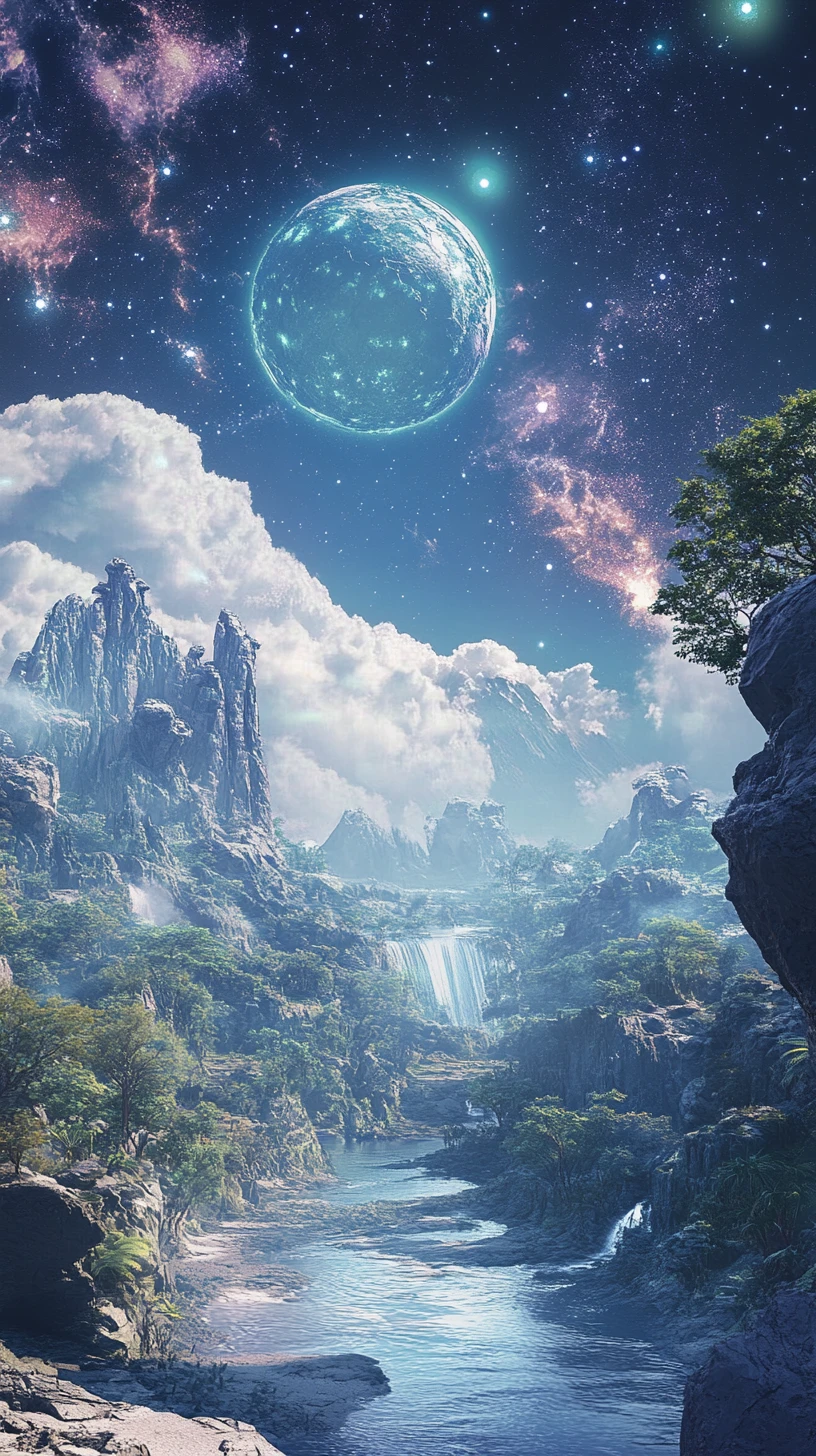 Planète extraterrestre Elyon avec forêts lumineuses et ciel à anneaux