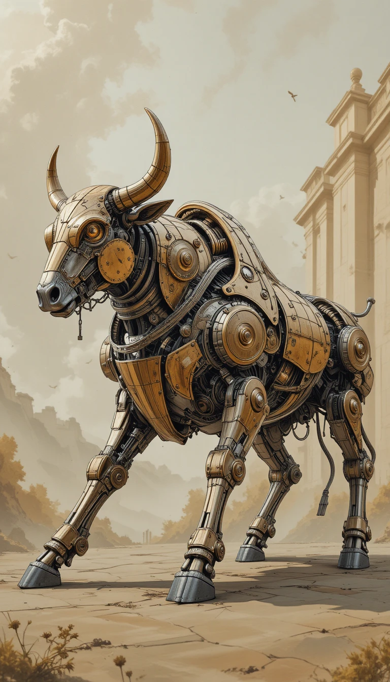 Touro Mecânico Steampunk Avançando em uma Cena Clássica de Fantasia