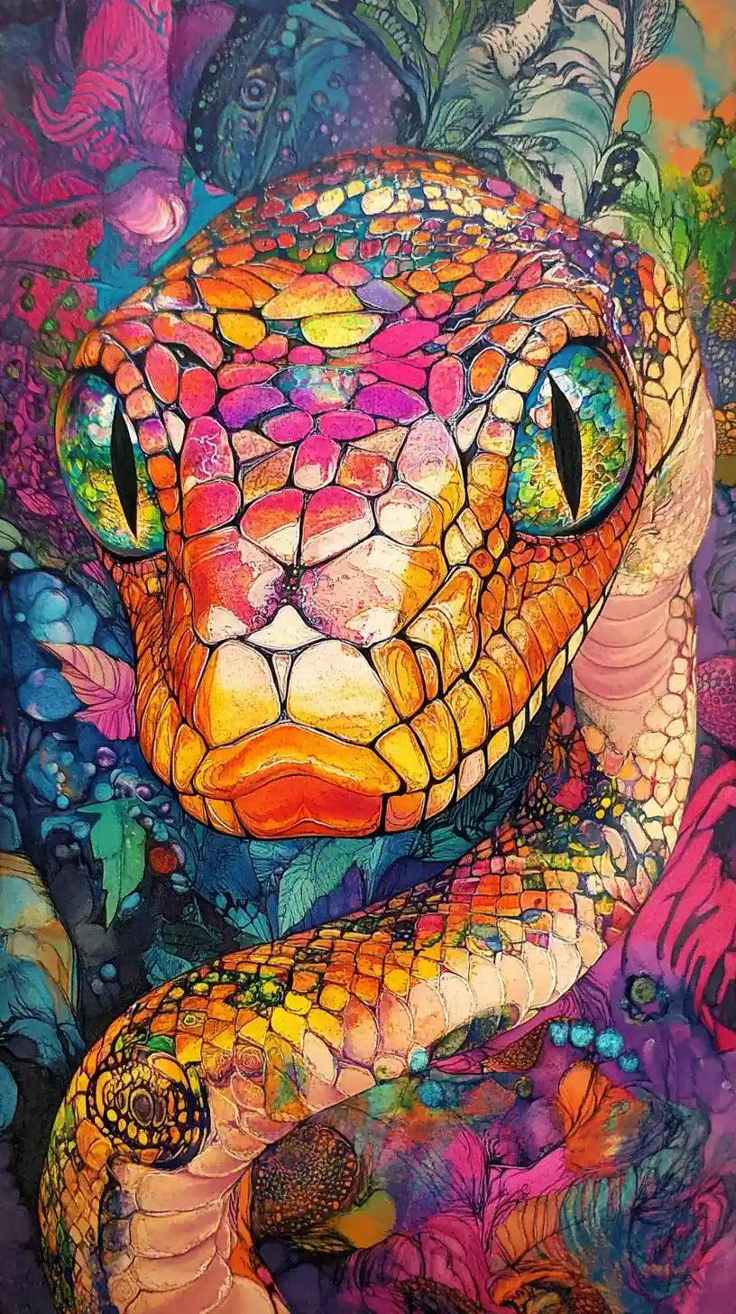 Surrealer Mixed-Media-Schlange mit großen hypnotischen Augen