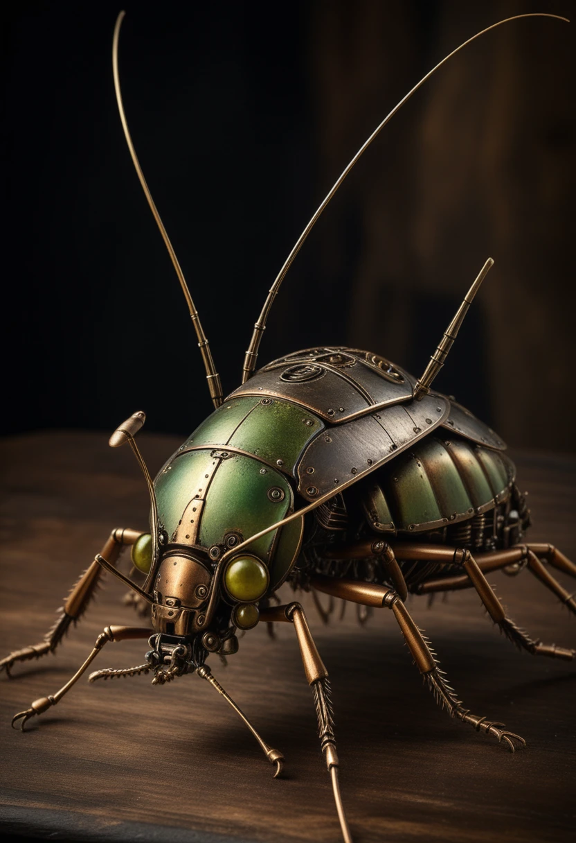 Fotorealistische Steampunk-Kricket aus Mechanik auf Holzsockel
