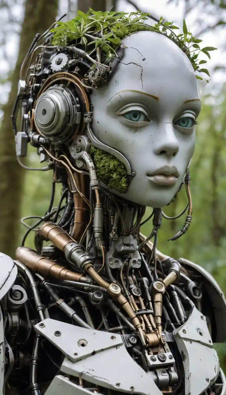 Surreal biomechanical android head merging forest and machinery
