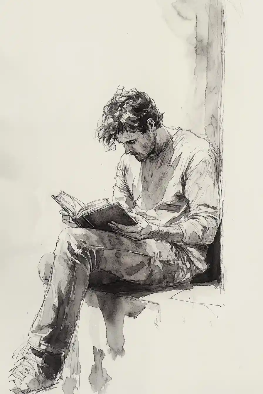 Artista fazendo esboços a partir de um pequeno livro em um parapeito de pedra