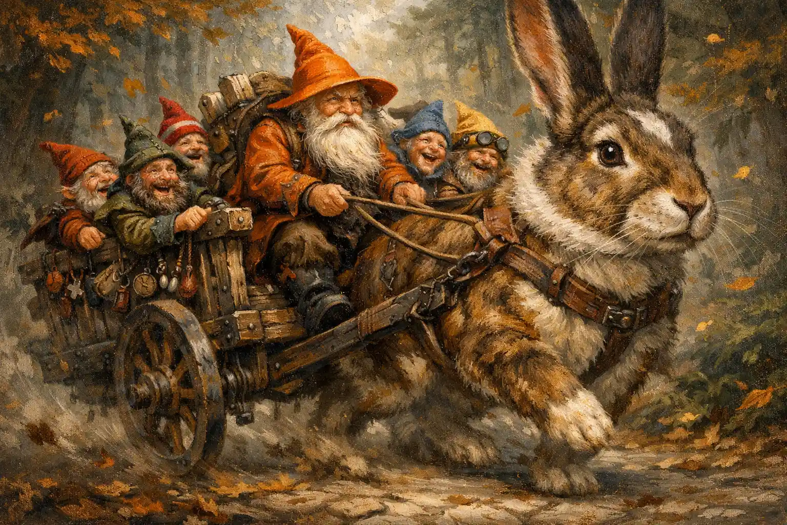 Caravana de gnomos montando um coelho colossal pela floresta