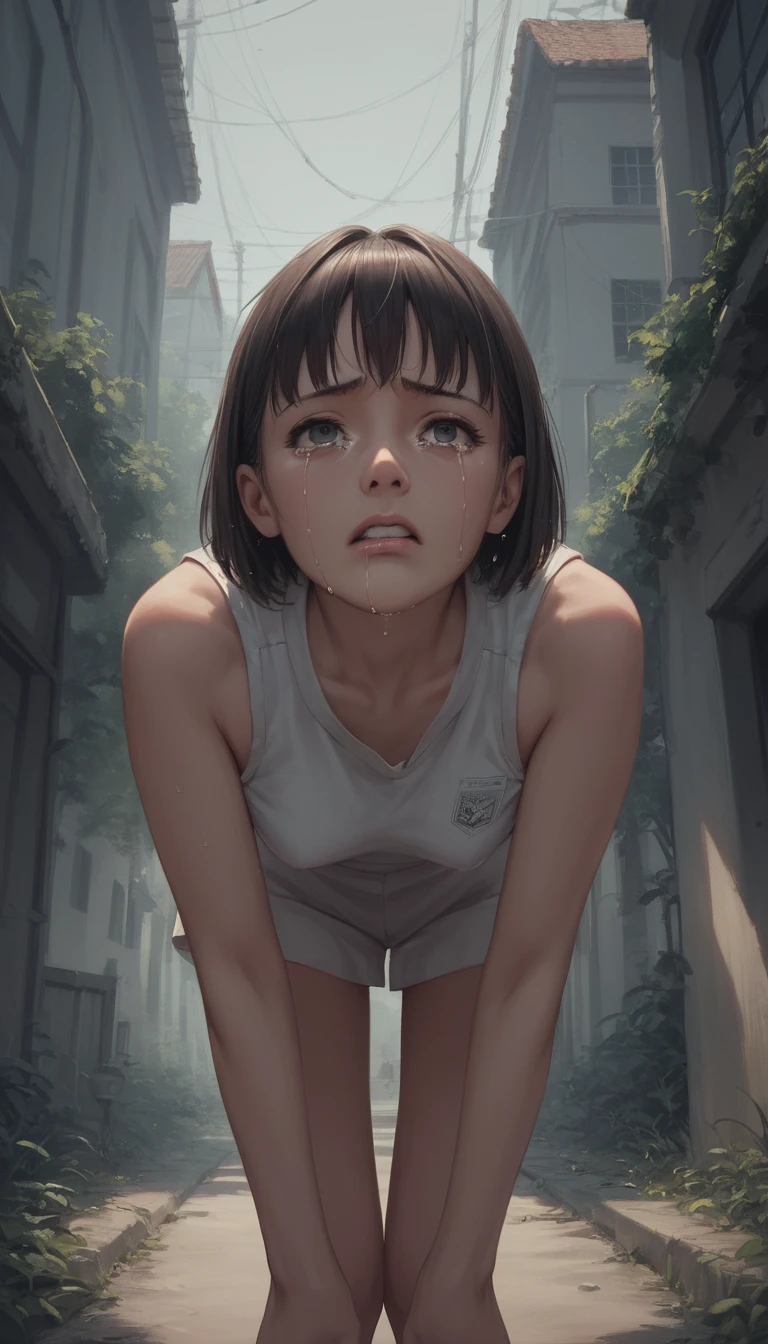 走廊上獨自站著哭泣的動漫女學生