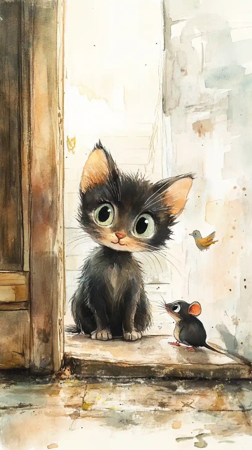 Watercolor cat watching birds in a cozy hallway scene