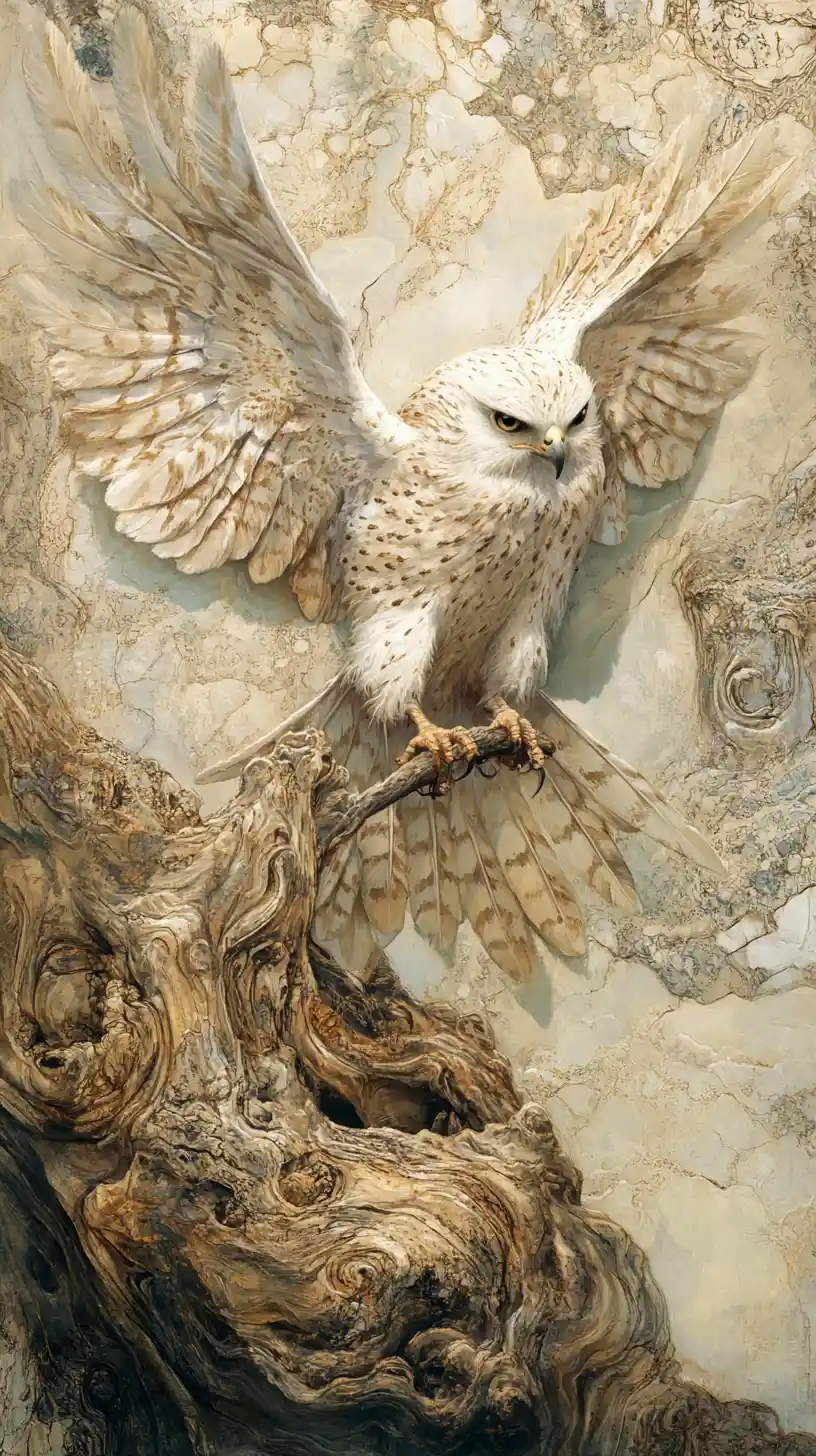 Maestoso rapace che emerge dalla corteccia di un albero antico