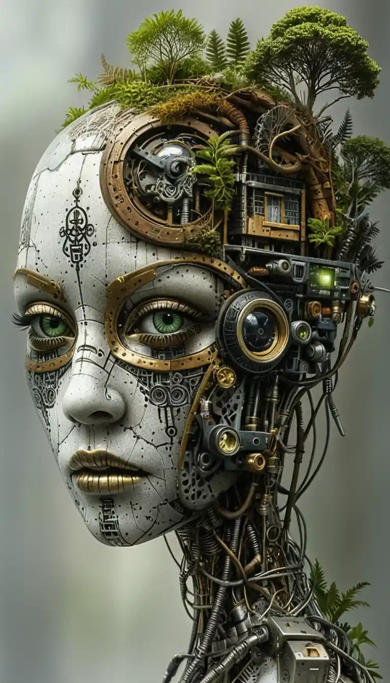 Surreal biomechanical android head merging forest and machinery