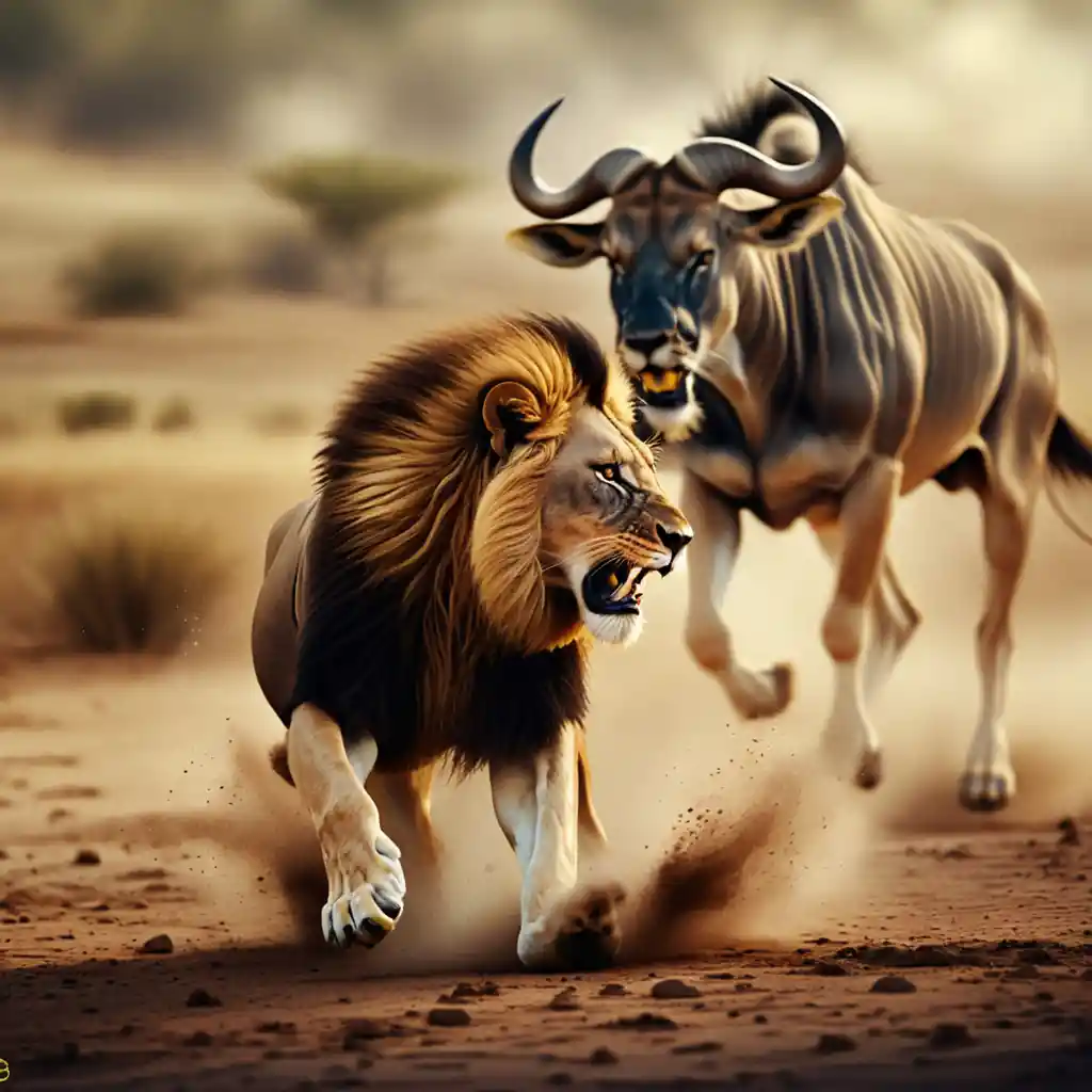 Angreifender Löwe jagt Gnu über staubige Savanne in der Dämmerung