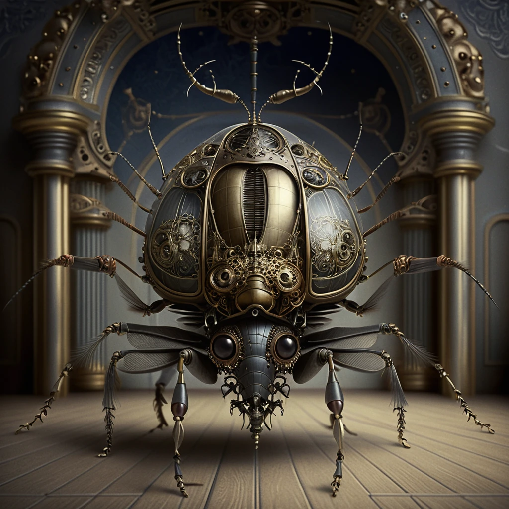 Scarabée Mécanique Steampunk dans une Somptueuse Salle Victorienne