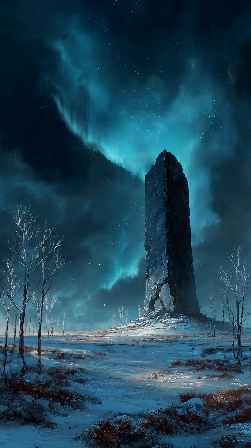 Antigua torre de piedra bajo la aurora sobre tierra nevada y desolada
