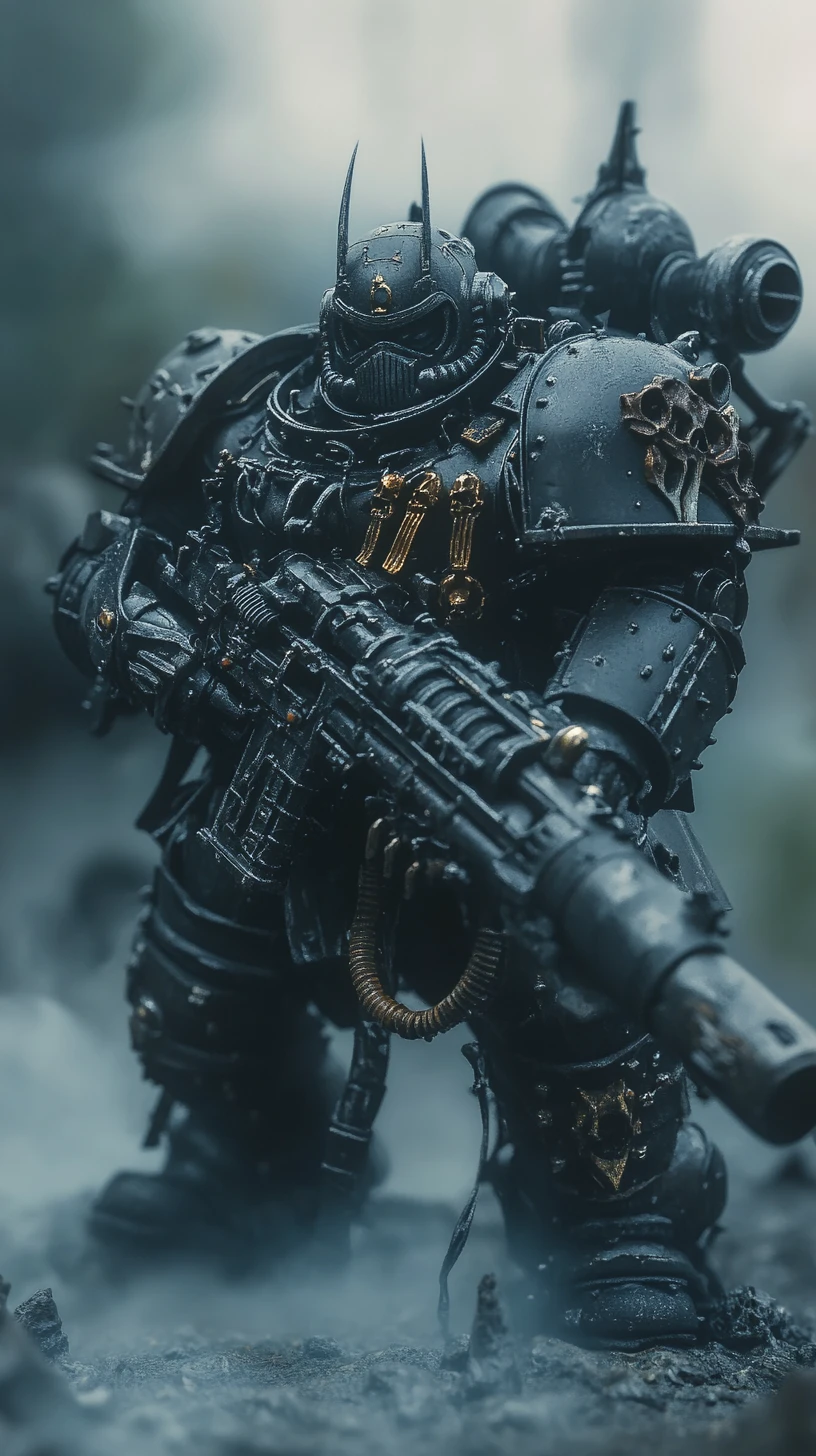 Soldado sci-fi blindado com metralhadora pesada na névoa