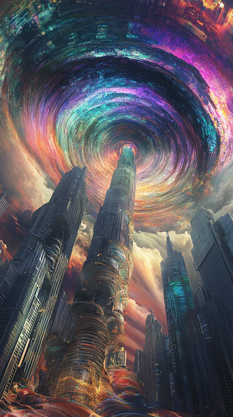 Paisagem urbana surreal com torres derretendo em cores em espiral