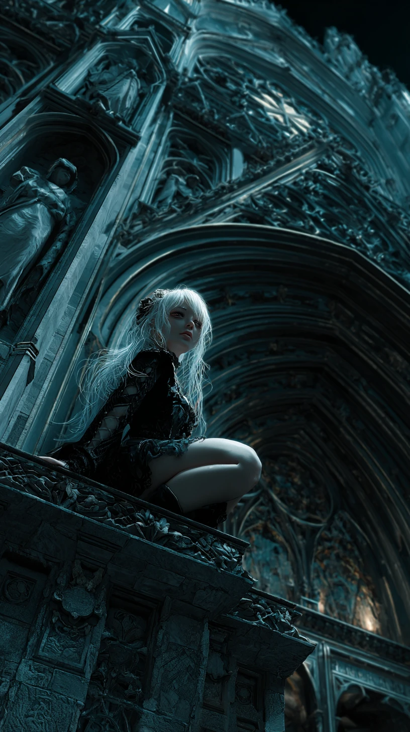Ragazza al chiaro di luna accanto a un gargoyle sul cornicione di una cattedrale gotica