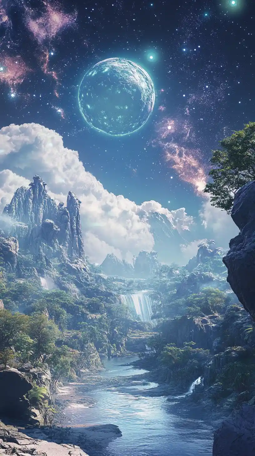 Planète extraterrestre Elyon avec forêts lumineuses et ciel à anneaux