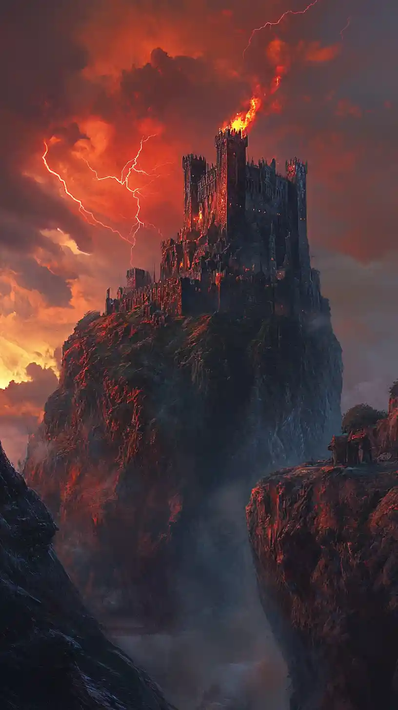 Roi majestueux sur une falaise devant une forteresse battue par la tempête