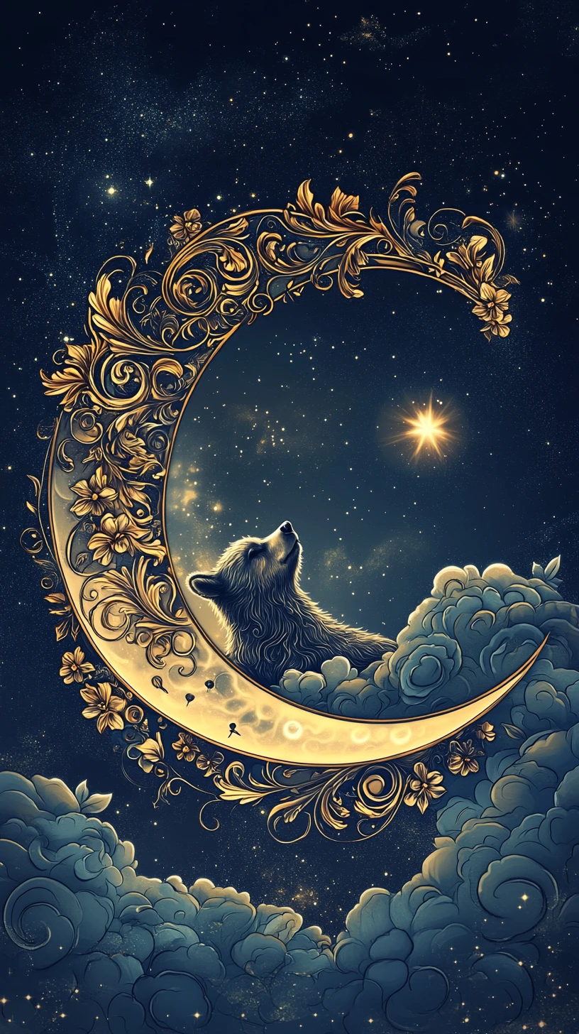 Luna crescente ornata con spirito di orso e spazio celestiale