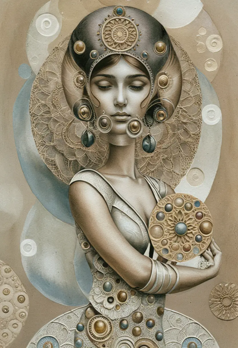 Figura feminina serena em halo sagrado de mandala ornamentada