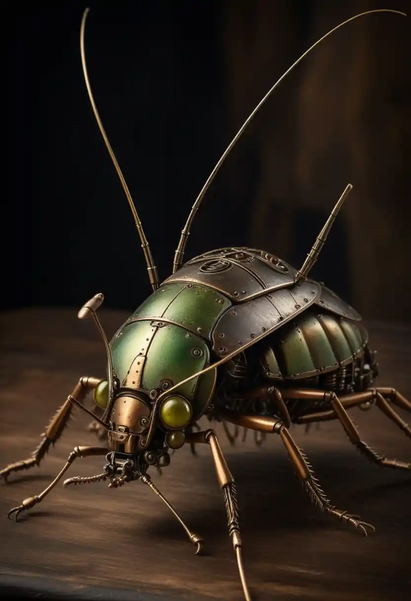 Fotorealistische Steampunk-Kricket aus Mechanik auf Holzsockel