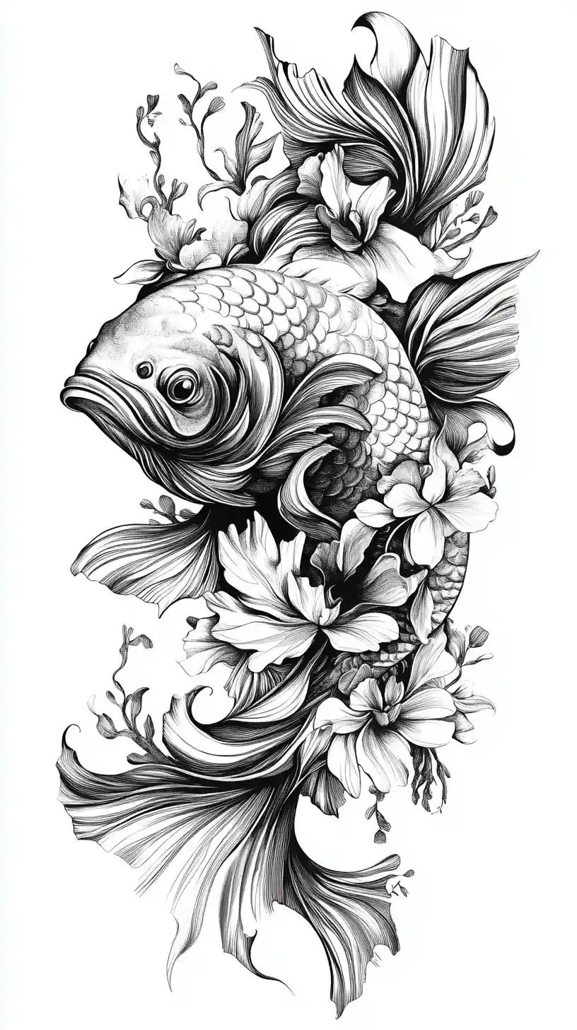 Ilustración de Pez a Tinta con Intrincados Detalles Florales