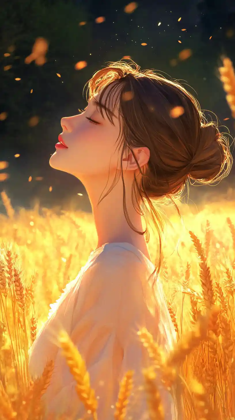 Young woman smiling softly in a glowing wheat field