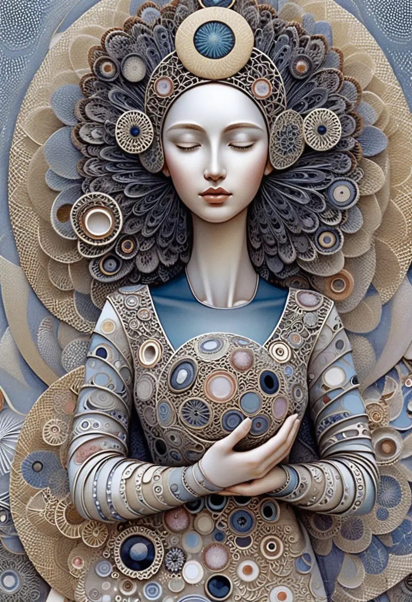 Figura feminina serena em pose meditativa com halo ornamentado