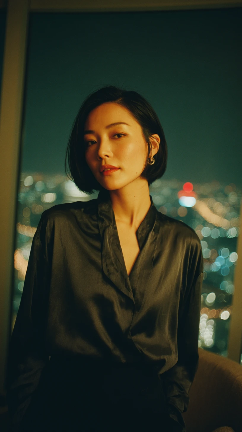 Asian woman in city apartment at night with neon skyline