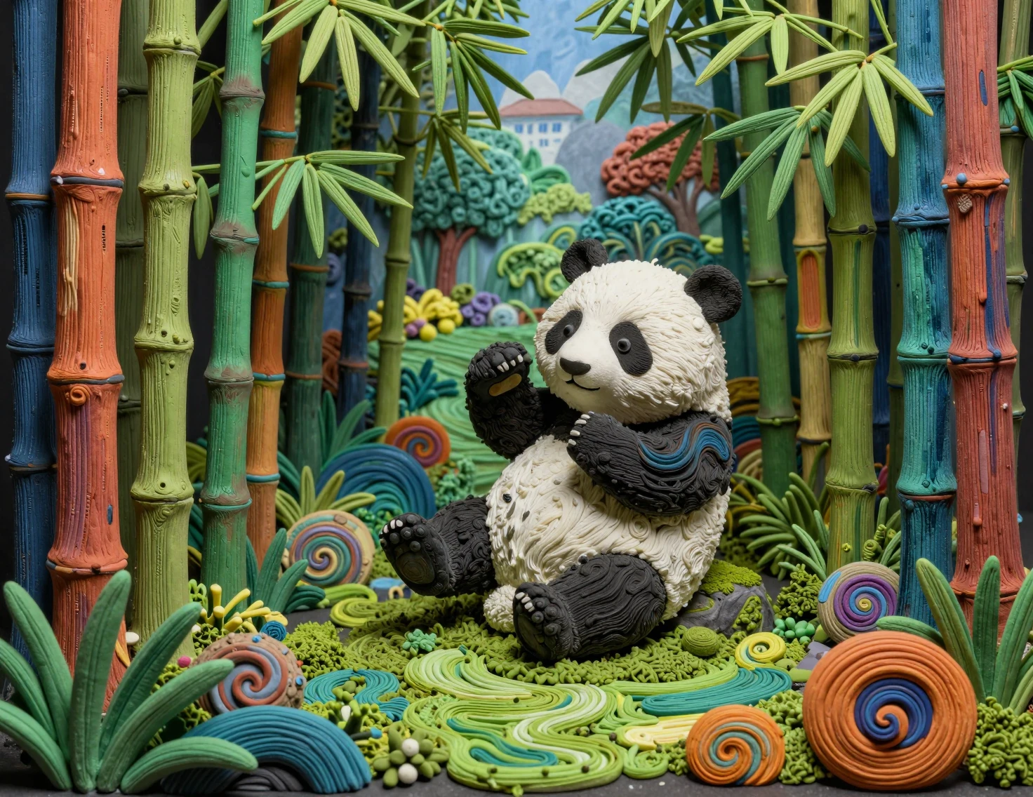 Verspielter junger Panda in einem moosigen Ton-Bambuswald-Diorama