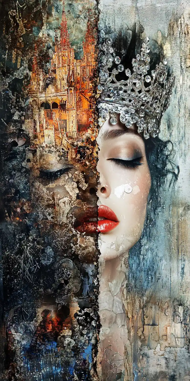 Collage dramatique de château fantastique avec princesse et pluie