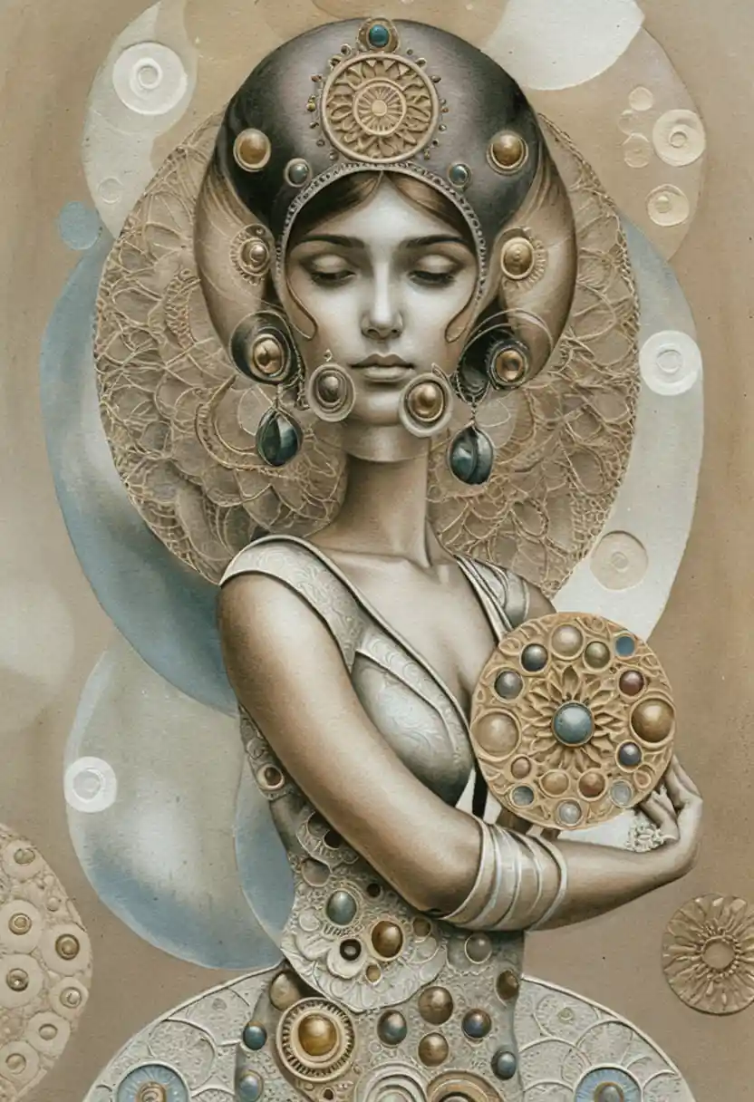 Figura feminina serena em halo sagrado de mandala ornamentada