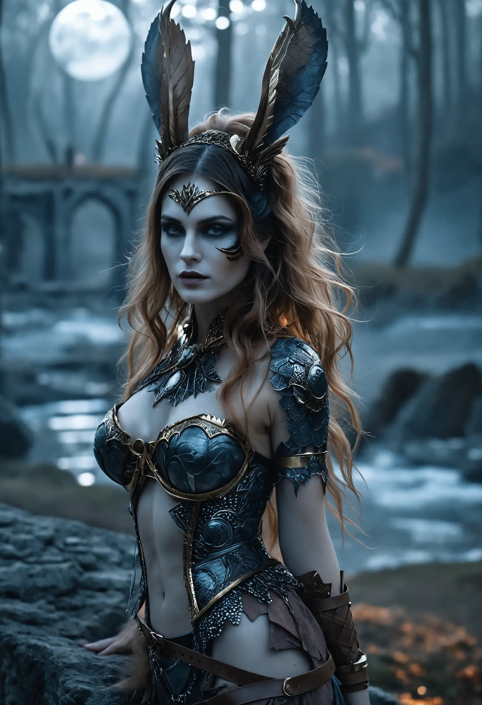 Mulher em corpo inteiro cinematográfico em uma cena de fantasia sombria