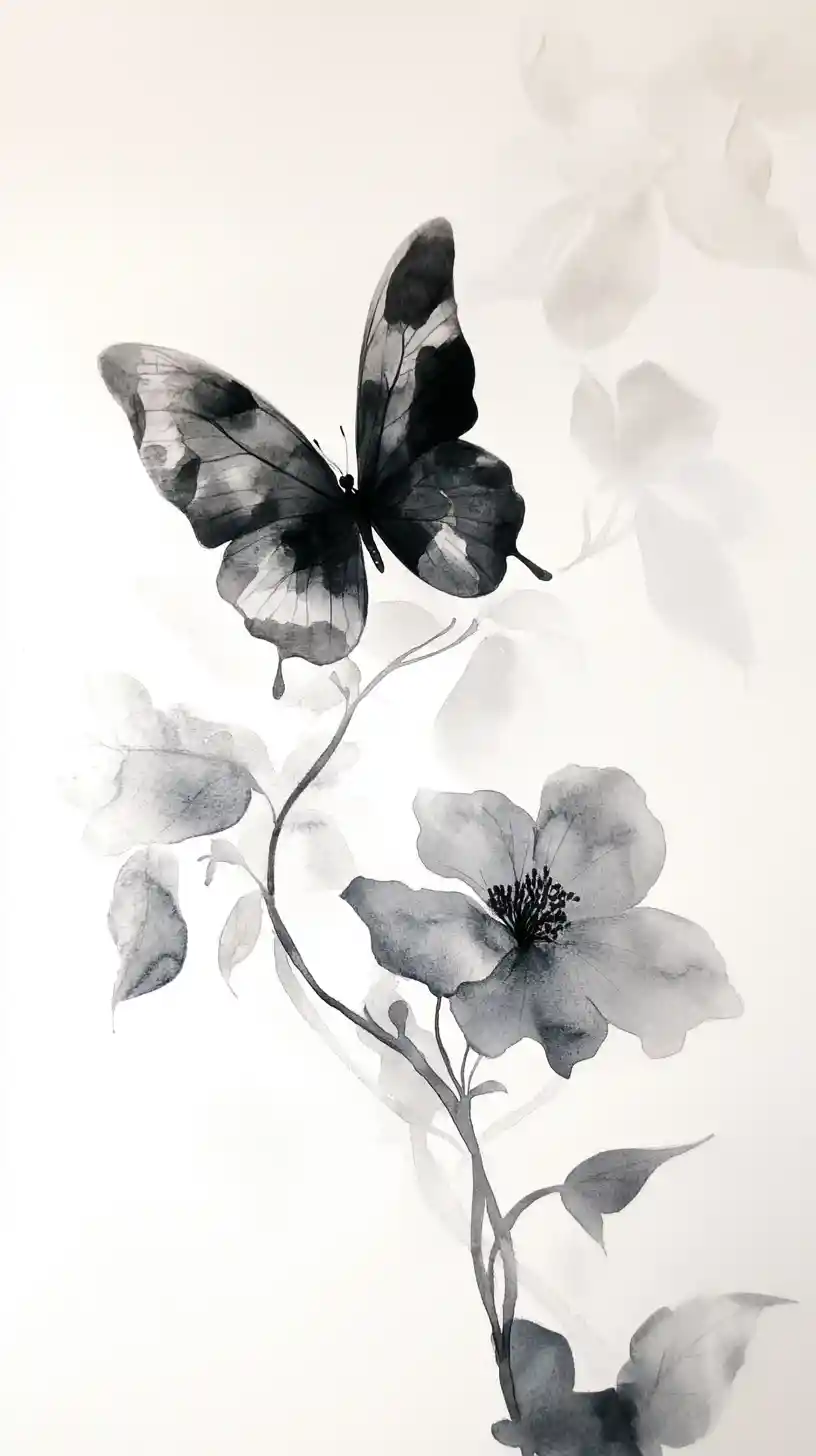 Mariposa en Acuarela de Ensueño con Flor Delicada y Enredadera
