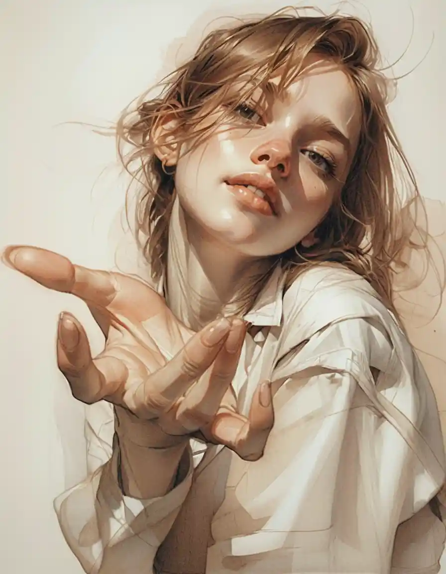 Joyful sepia portrait of a young woman making a playful gesture