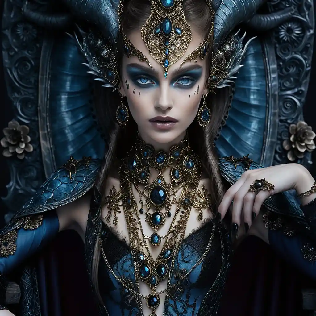 Demonic fantasy queen on baroque throne with horned dragon crown