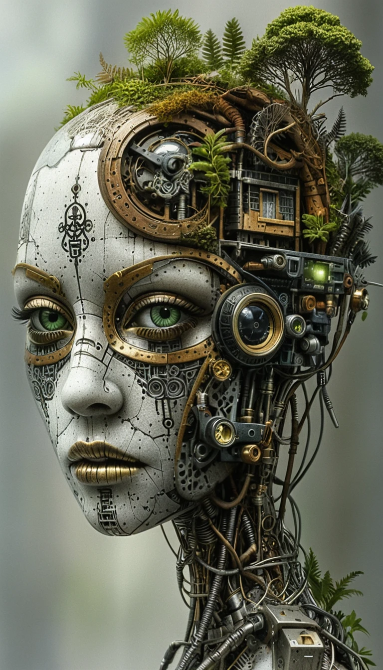 Surreal biomechanical android head merging forest and machinery
