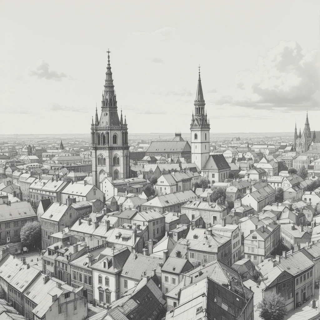 Graphite cityscape of historic Prague with church towers