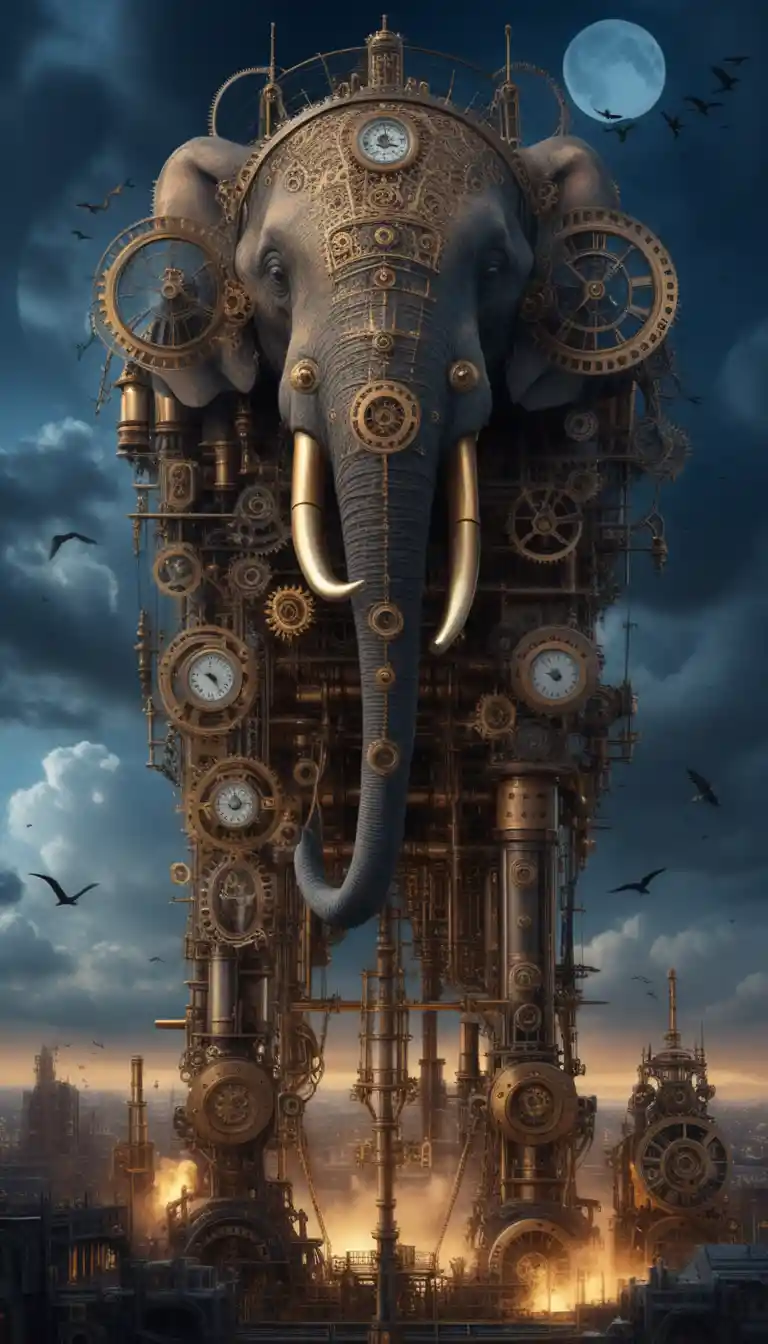 Éléphant mécanique steampunk gigantesque sous un ciel dramatique au clair de lune