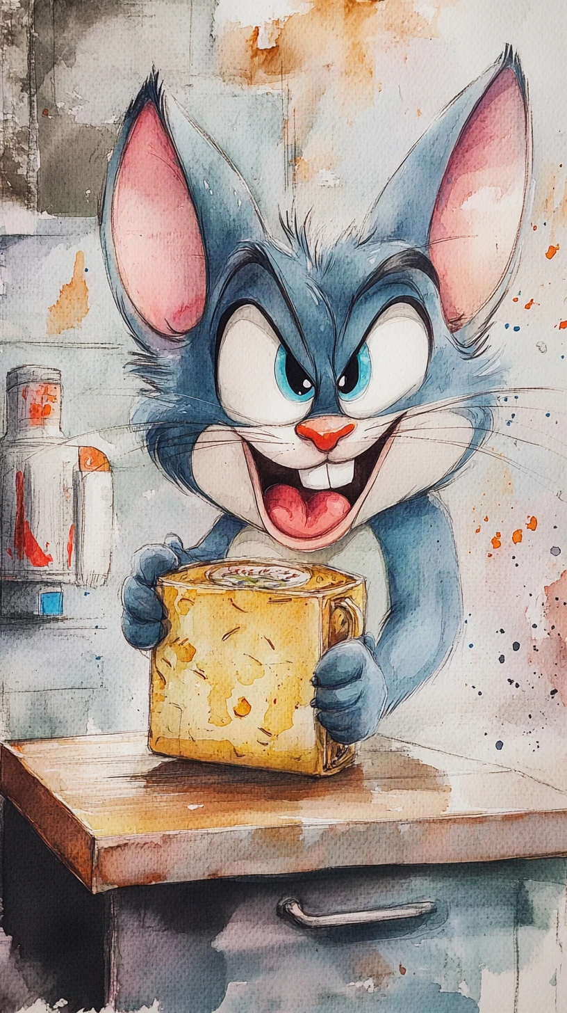 Aquarell-Küchenszene mit Comic-Stil-Objekten und Geräten