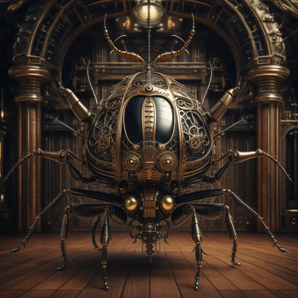 Majestädischer Steampunk-Käfer in einer prunkvollen viktorianischen Halle