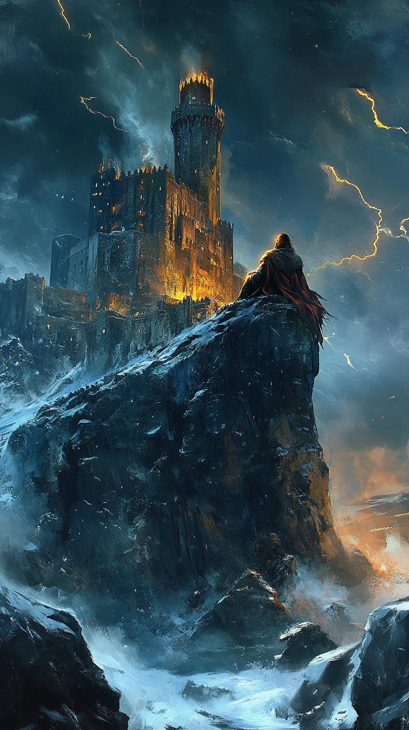 Roi majestueux sur une falaise devant le trône d’une forteresse battue par la tempête