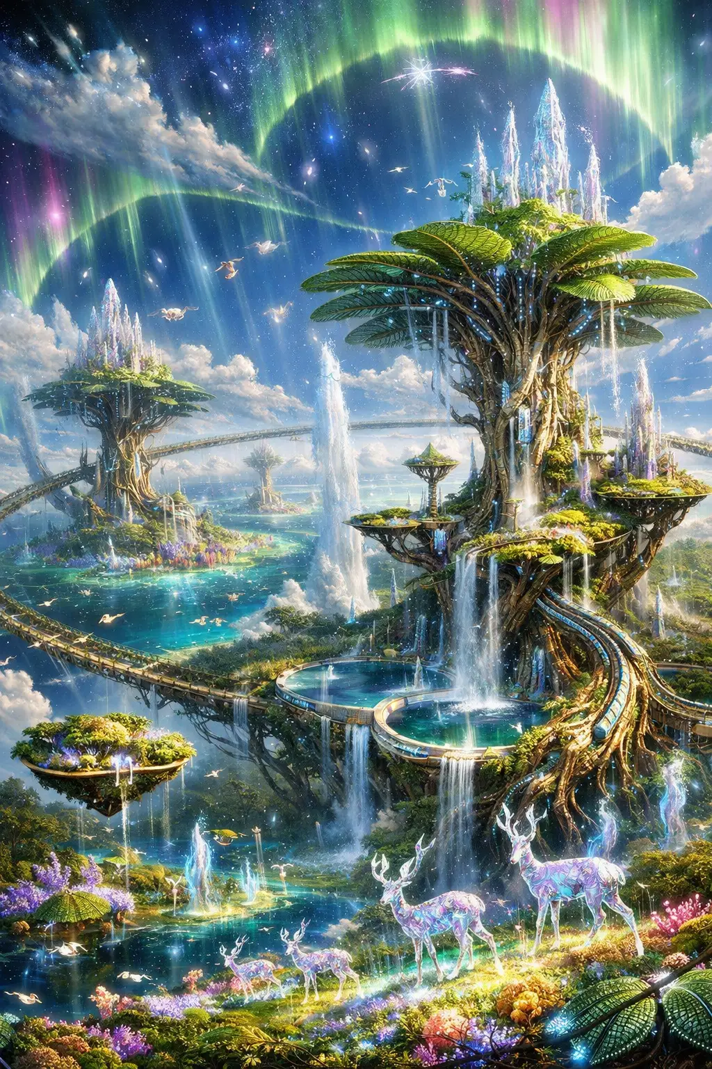 Cidade alienígena surreal em forma de árvore erguendo-se sobre um mundo utópico luminoso