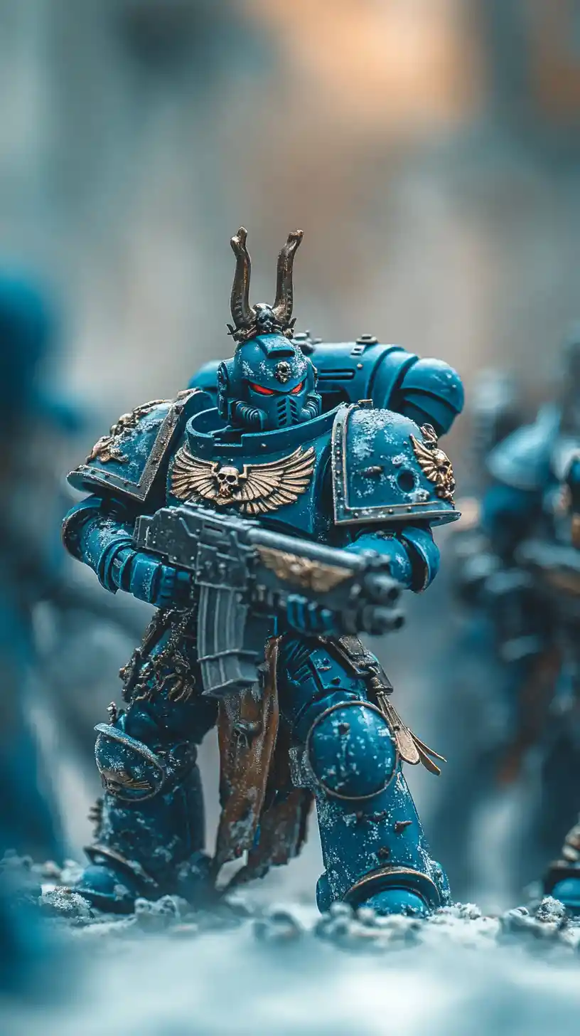 Warhammer style sci fi soldier in blue armor in fog