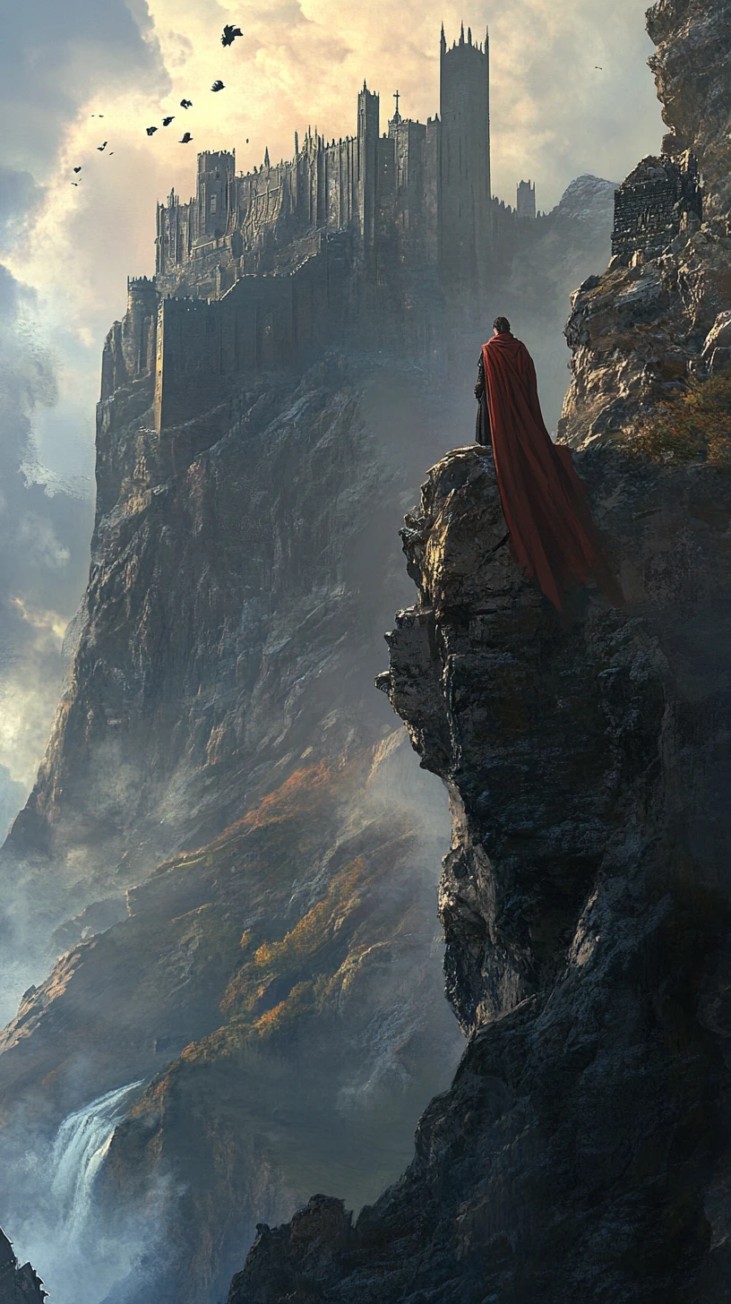 King on windswept cliff before distant stone fortress
