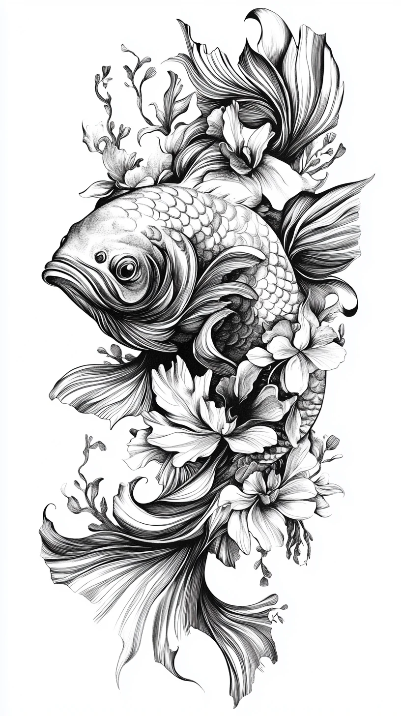 Intricate Ink Fish Illustration With Floral Details