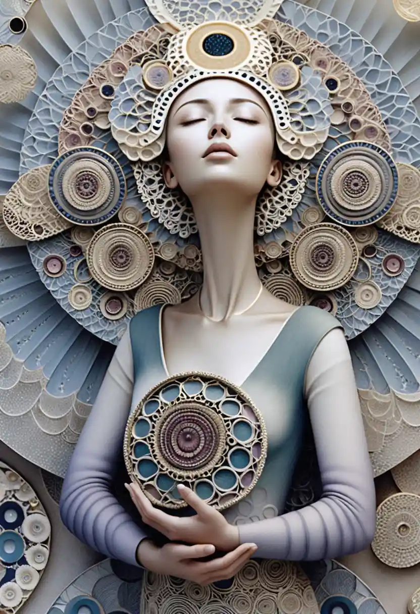Figura feminina serena em relevo sagrado de mandala ornamentada