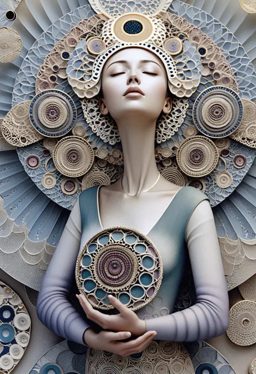 Figura feminina serena em relevo sagrado de mandala ornamentada