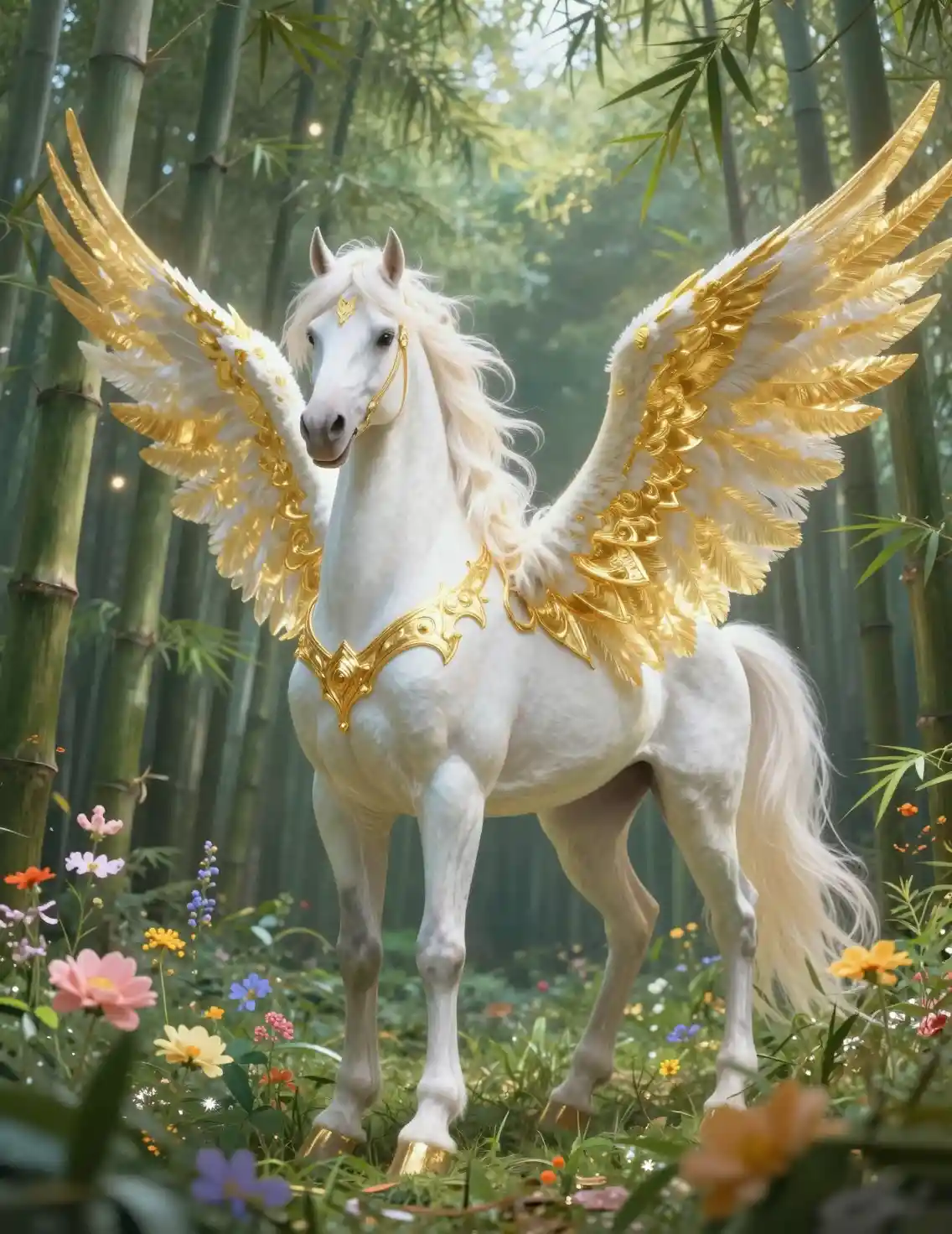 Golden armored pegasus in a serene bamboo forest