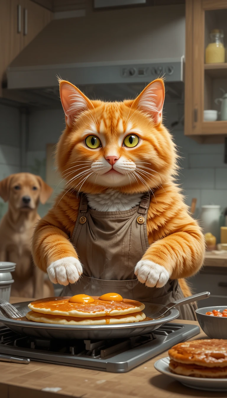 Gato laranja fazendo panquecas em uma cozinha aconchegante